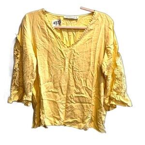 Rusttydustty Women Yellow Blouse Top XL Floral Crochet Boho Cottagecore Fairy